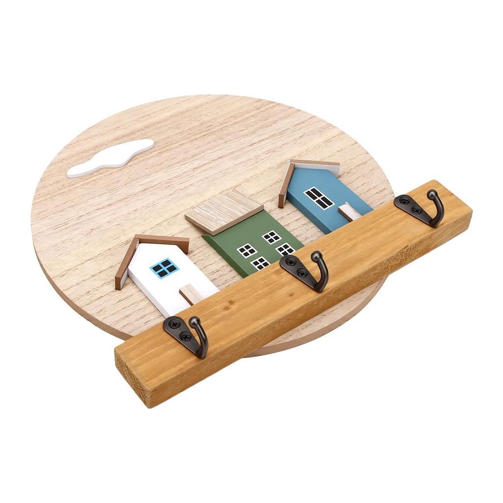 Wall Mounted Key Holder 3 Metal Hooks Round Wooden Key Holder for Entrances Corridors Bedrooms Living Rooms