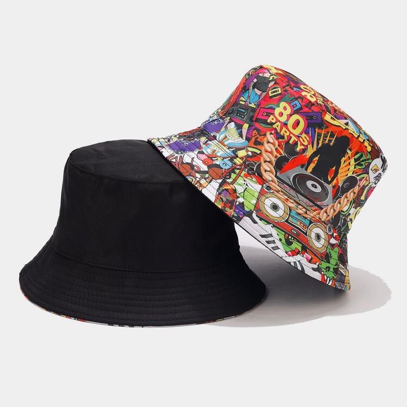 Europäischer und Amerikanischer Retro Klassiker 80er 90er Party Fischerhut Unisex Mode Graffiti Wendbarer Fischerhut