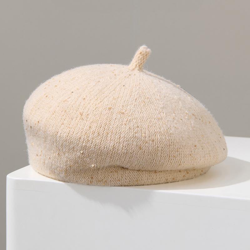 Autumn and Winter British Style Sequin Knitted Beret Hat for Women Korean Versatile Warm Hat Fashionable Casual Painter Hat Trendy