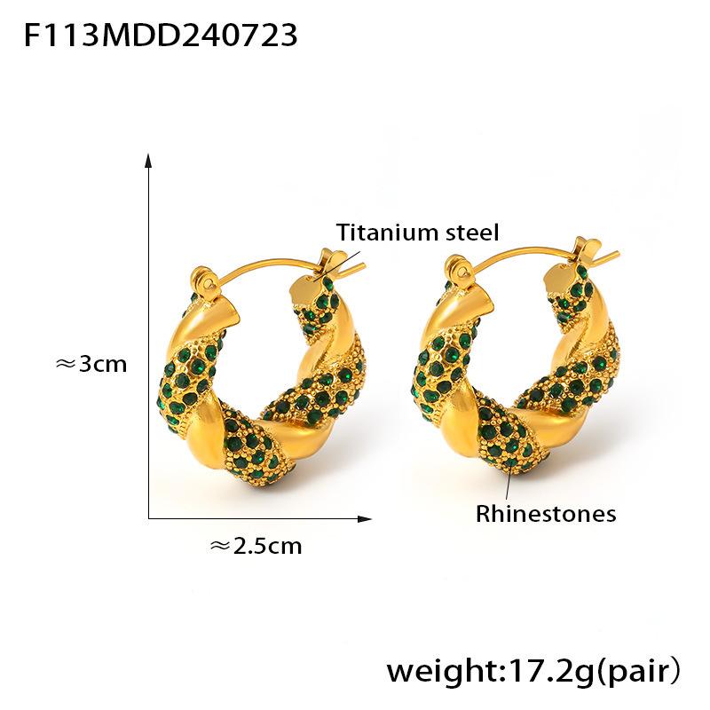 Wind New Inlaid White, Green and Black Diamonds Twisted Shape Earrings Temperament Personalized Design Titanium Steel Plated 18k Real Gold Women