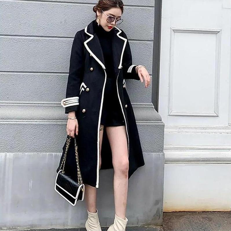 Women's Long Woolen Coat Autumn Winter Thick Slim Black Double Breasted Trench Coats Female Korean Casual Parker Overcoat