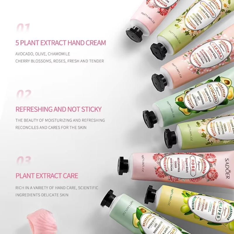 Sadoer 5Pcs/Set Fruit Plant Fragrance Hand Cream Sets Moisturizing Anti Dry Hand Lotion Sets Hands Skin Care Products