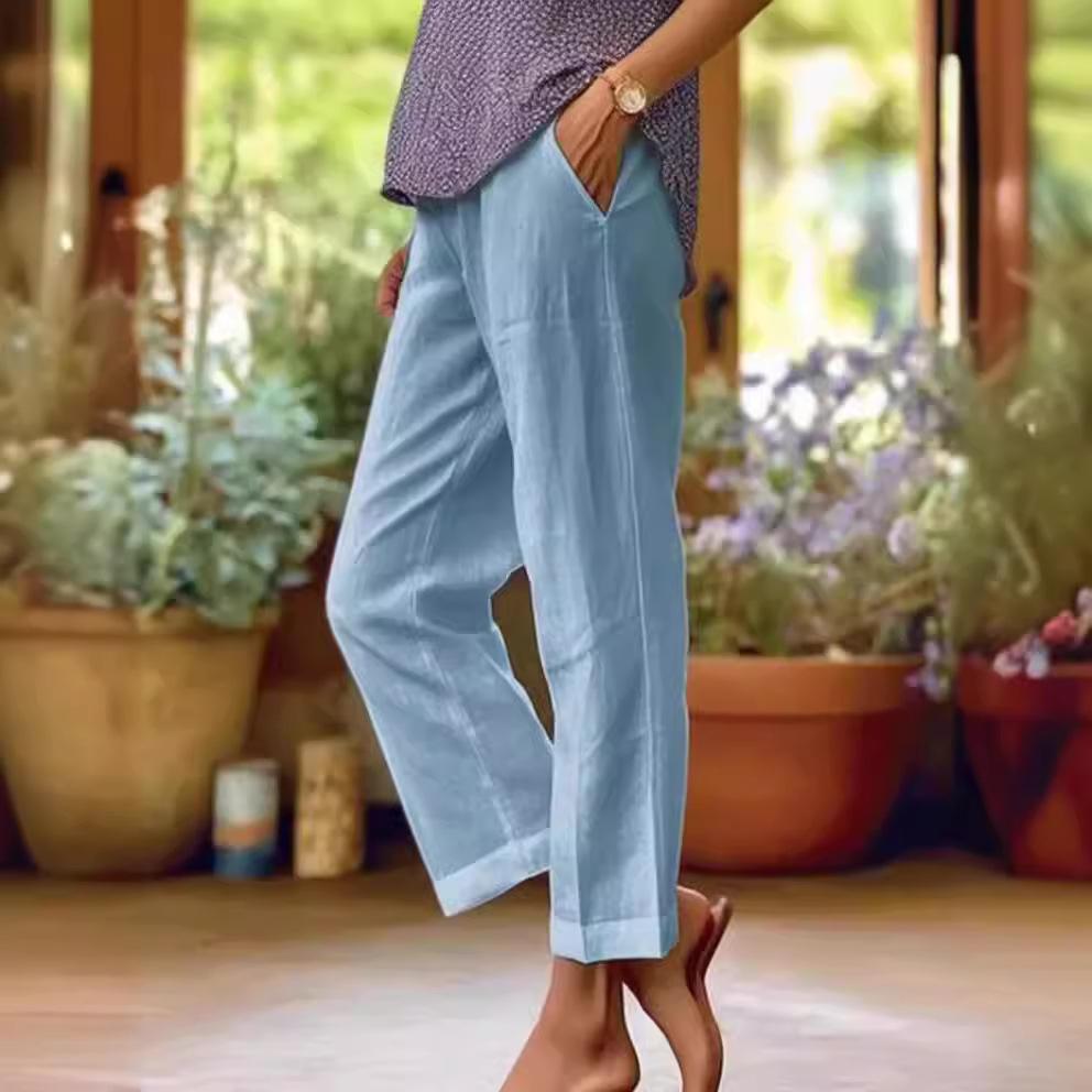 Baumwolle und Leinen Damen Loose Fashion Solid Color Gerade Freizeithose Damenbekleidung