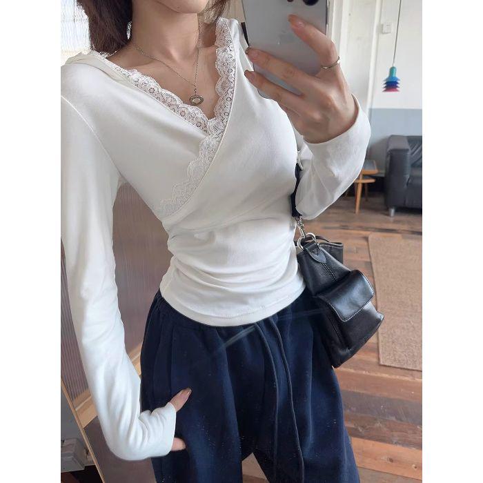 

Women s Slim Fit Lace Velvet Hooded Long Sleeve T-shirt - Early Spring 2026 M білий