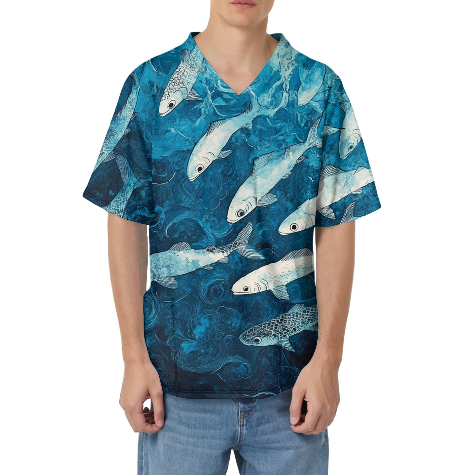 

Мужская рабочая блузка с короткими рукавами и v-образным вырезом с принтом, топ с нагрудным карманом XXXXL