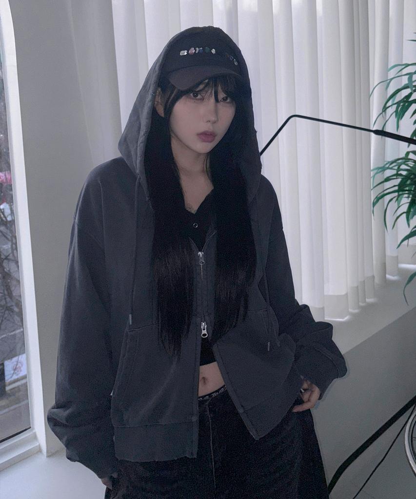 Filluminate Damaged Semi-Crop Zip-Up Hoodie - 3 Colors