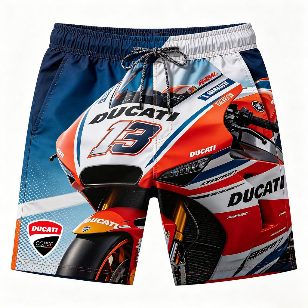 Ducati Pánské rychleschnoucí plavky Racing 3D Print, Plážové boardshorty se stahovací šňůrkou v pase pro letní sporty a volný čas