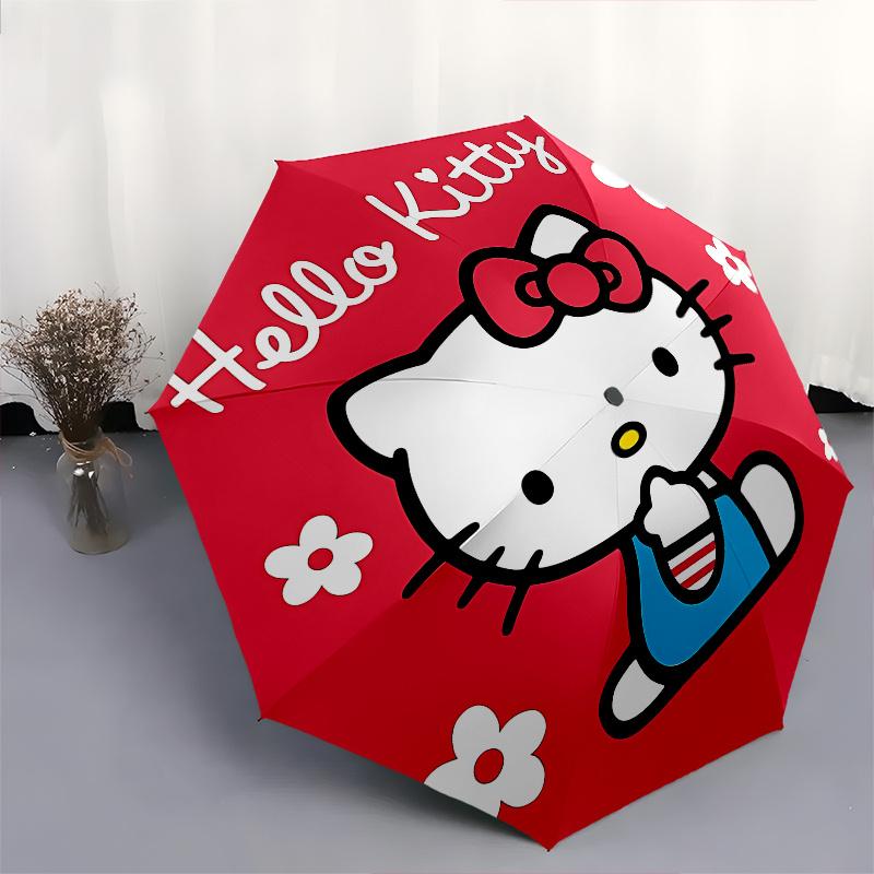 Hello Kitty, Flowers Automatic Open/Close Umbrella-Cute Umbrella with Cute Design, Portable 3-Fold Compact Umbrella for Men & Women, Hallowe