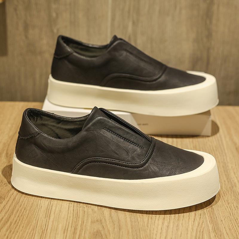 Autumn new leather surface one-pedal lazy shoes casual versatile round head thick sole heightening cold sticky men's board shoes men's shoes