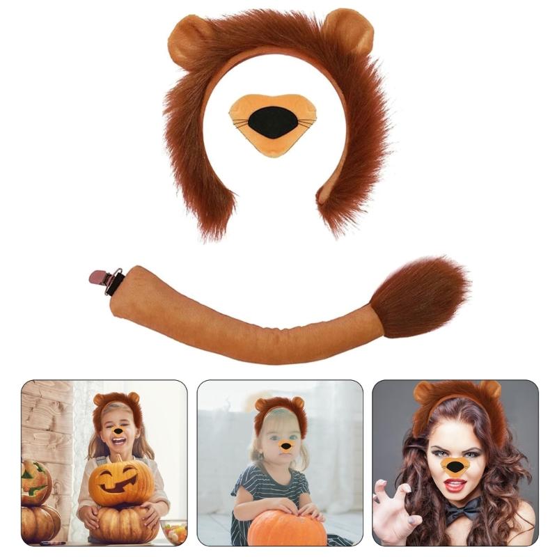 Animal Cosplay Costume for Kid Birthday Cosplay Party, Halloween Lion Dress up Costume, Lion Hairband, Tail, Bowtie