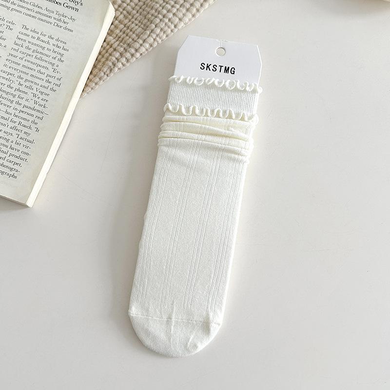 Female Spring and Autumn Solid Color Double Wood Ear Edge In The Tube Pile Pile Cotton Socks
