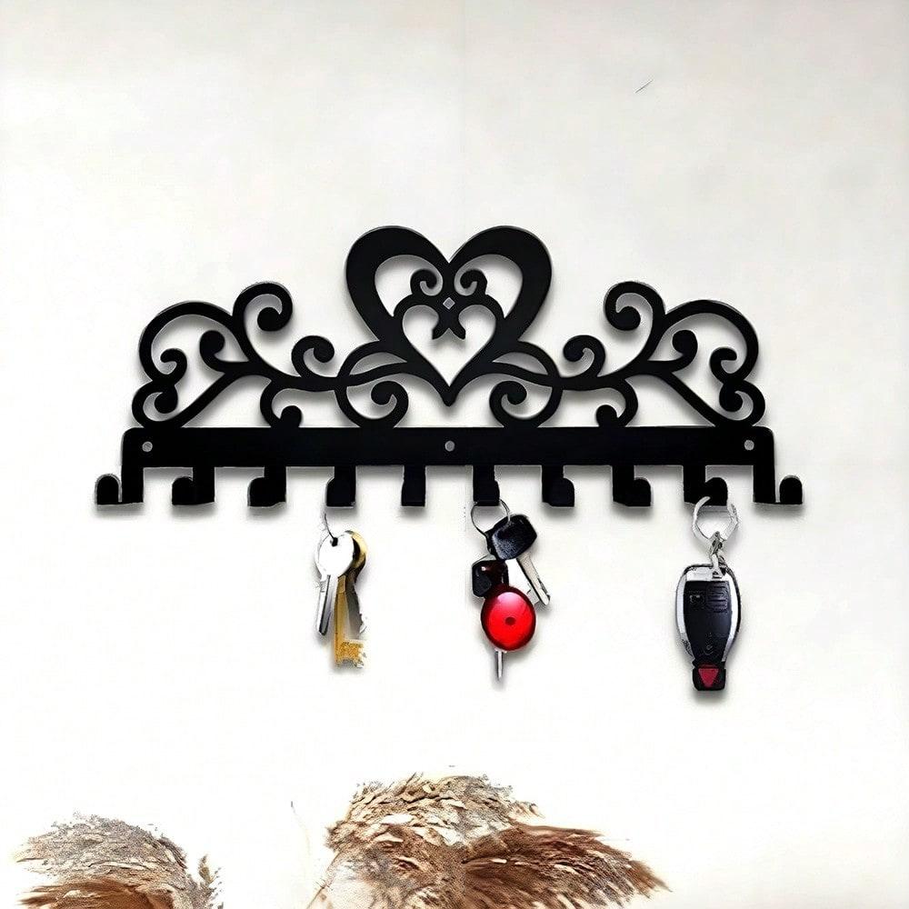 Vintage Metal Wall Key Holder Heart Shape 10 Hooks Rustproof Organizer