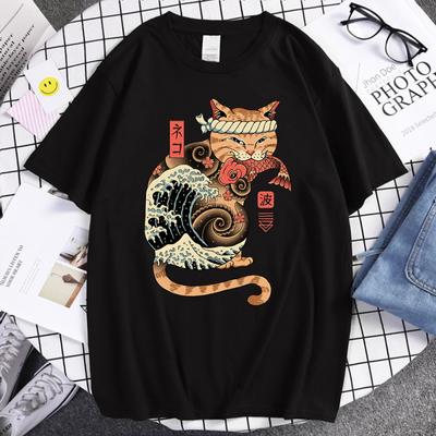 Maglietta estiva da uomo/donna con scollo a V, motivo gatto samurai giapponese, casual, a maniche corte, in cotone, tendenza alla moda, unisex