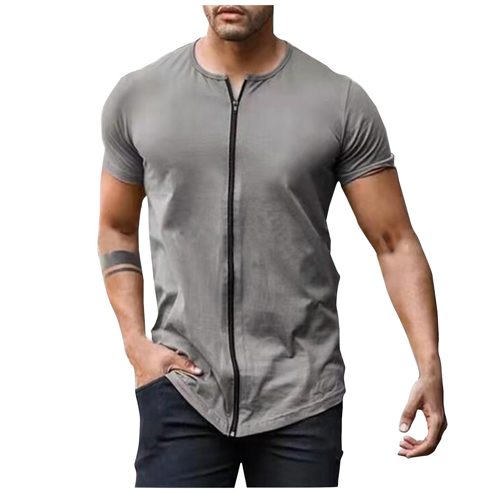 

(Куниде) Мужская модная повседневная летняя футболка с украшением на молнии из молочного шелка с круглым вырезом и коротким рукавом XL светло-серый