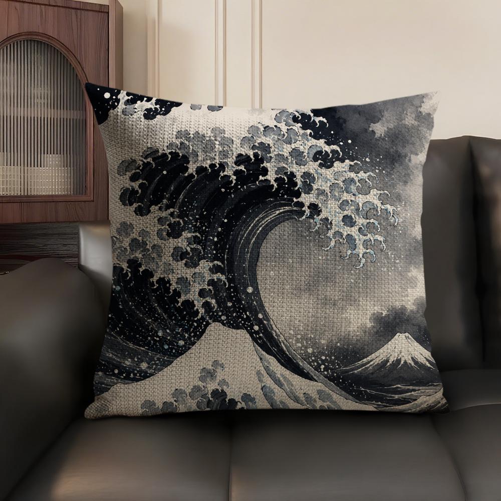 The Great Wave off Kanagawa Cushion Cover Breathable Linen Organic Fabric DoubleSided Printing Sofa Pillow Case Home Decor