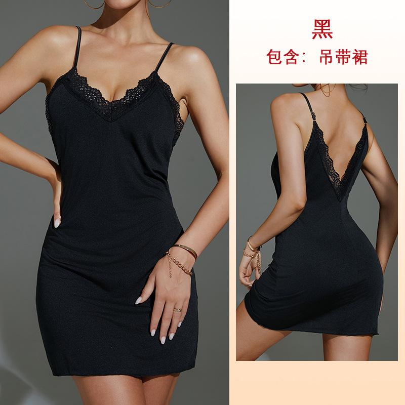 Sexy backless pure desire slim pajamas lace solid color milk silk suspender skirt