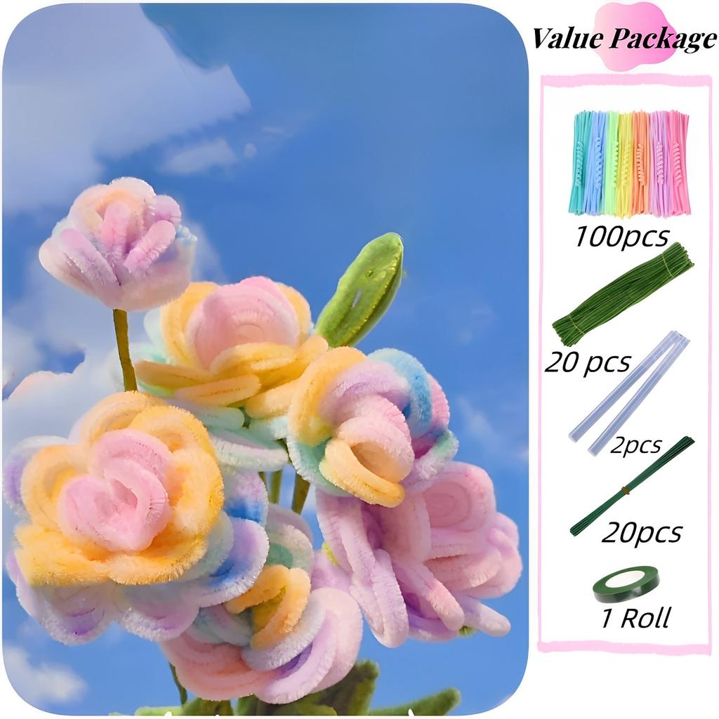 120PCS DIY Crafts Pipe Cleaner Chenille Stems Kits for Flower Making, Artificial Rose Bouquets for Party  Home Decoration