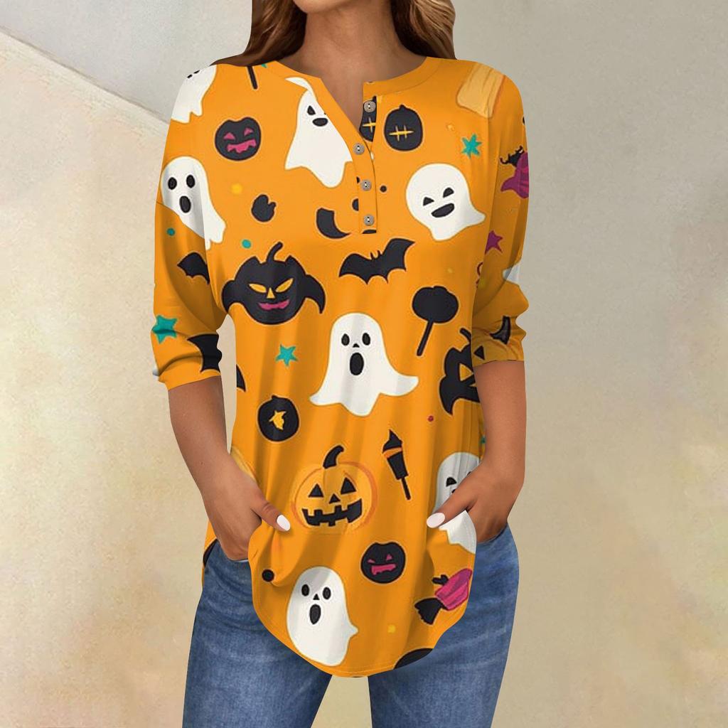 Women's Fashion Loose Button Collar Halloween Print Long Sleeve T-Shirt Top Pullover