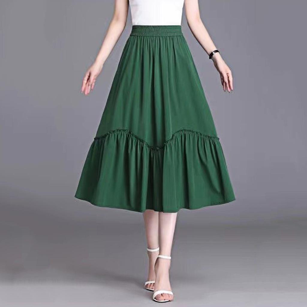 Yousheng Damen Midirock Elastischer Hoher Bund A-Linie Langer Rock mit Taschen Einfarbiger Dünner Stil Rock Schlankmachendes Design Rock