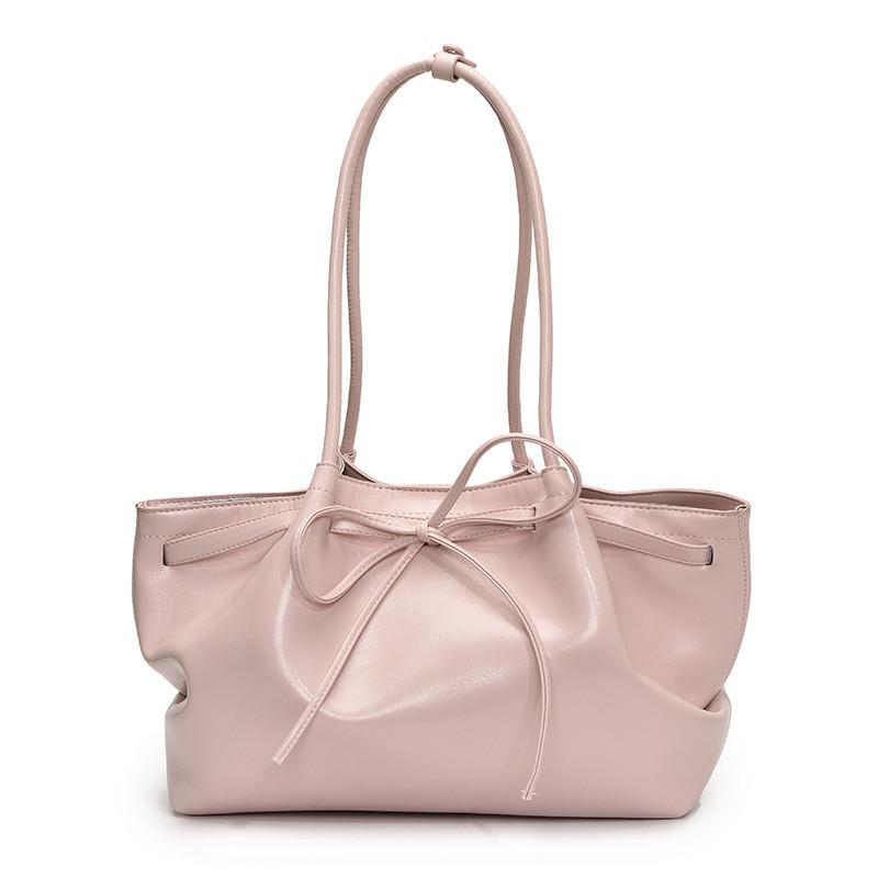 

Color Simple Solid Bow Decoration Pleated Design Women Casual Shoulder Tote Bag розовый