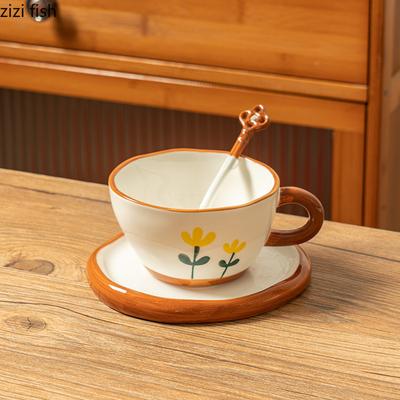 Berg Chrysantheme Keramikbecher und Teller Set Vintage Latte Kaffeetasse Milchbecher Getränkebecher Haushaltswasserbecher Teetassen