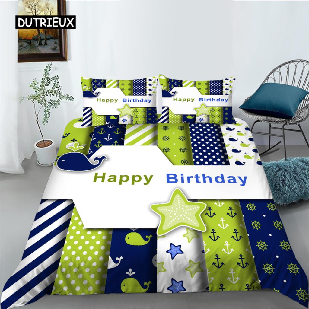 Cartoon Animal Happy Birthday King Queen Duvet Cover Cute Lion Bedding Set Kids Boys Girls Elephant 2/3pcs Polyester Quilt Cover