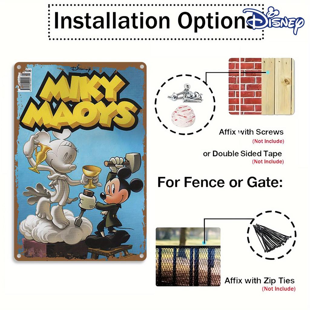 1pc Disney Vintage Metal Tin Sign 20.32x30.48 Cm - Mickey & Minnie Mouse Retro Wall Art, Durable Iron Home Decor for Kitchen, Li