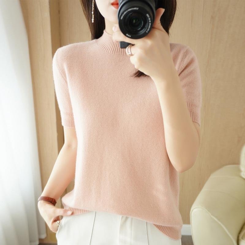 2025 Women's Loose Fit Short-Sleeve Knitted Sweater - Half-High Collar, Lightweight for Spring & Autumn