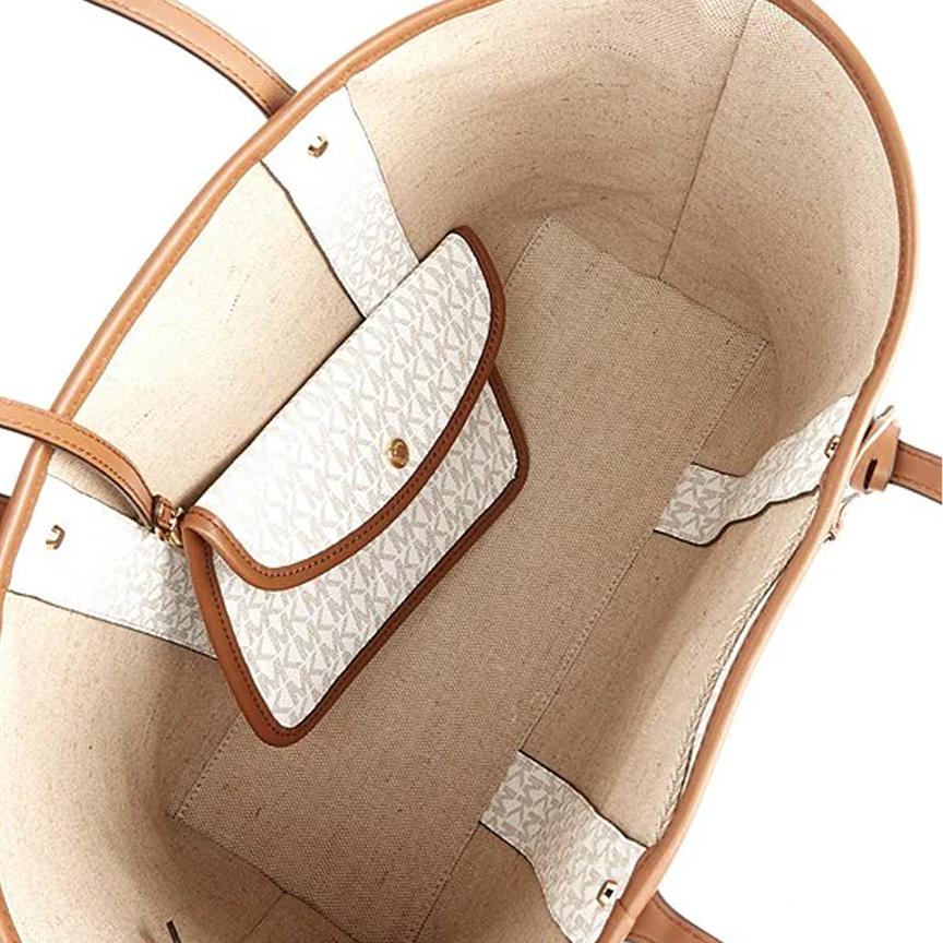 Michael Kors MK Eva Monogram Logo Stripe Color Block Canvas Tote Bag Women Tote Bags Vanilla-White Rose-Pink 30T9GV0T7B-986