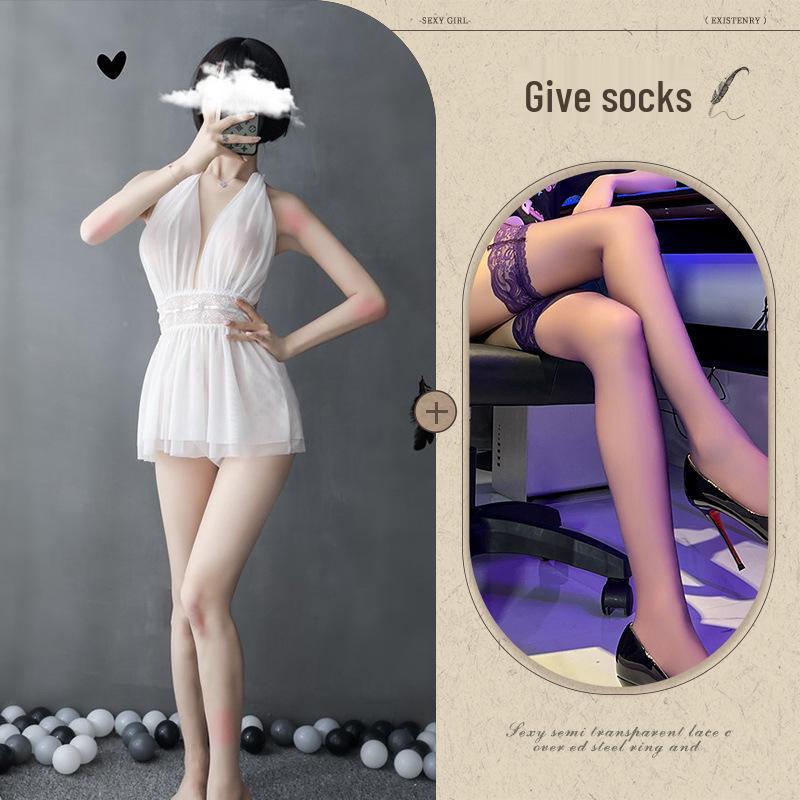 European-American Deep V Backless Mesh Halter Nightdress