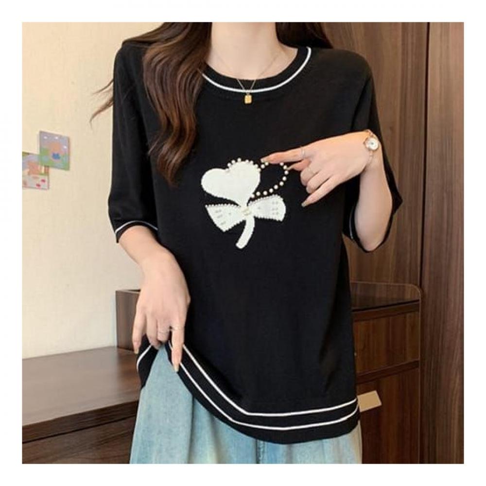 Navava Loose Fit Color Block Bead Thin Short Sleeve Knit Nk2037