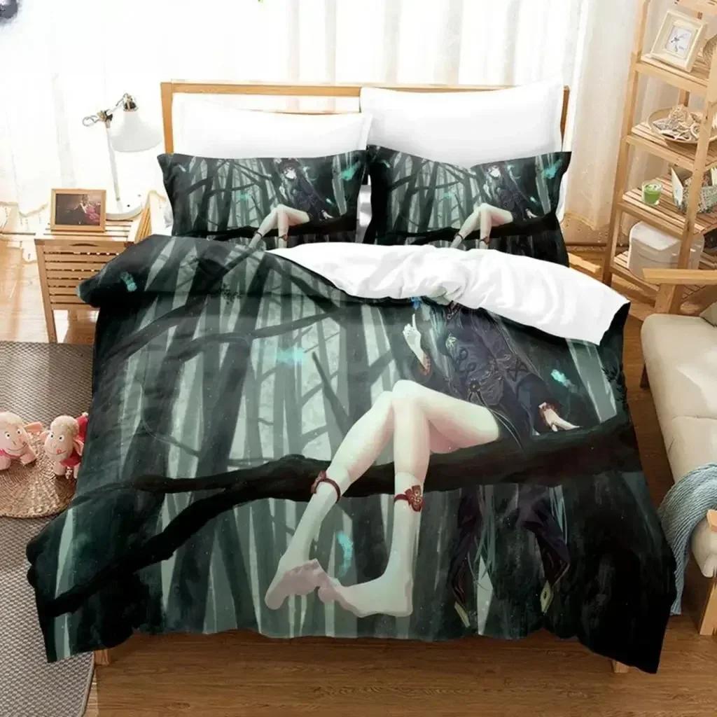 New 3D Anime Hu Tao Genshin Impact Bedding Set Printed Bed Set With Pillowcase Duvet Cover Soft Queen King Size Bedclothes Home