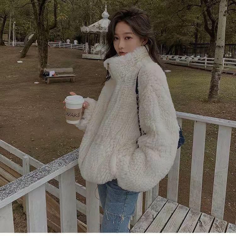 New imitation Rex rabbit fur coat women's winter short lamb plush loose stand-up collar fur coat