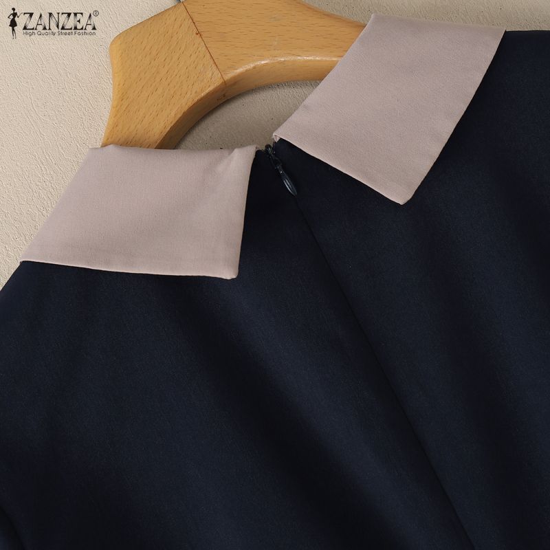 ZANZEA Women Casual Splice Turn Down Collar Loose Short Sleeve Dress
