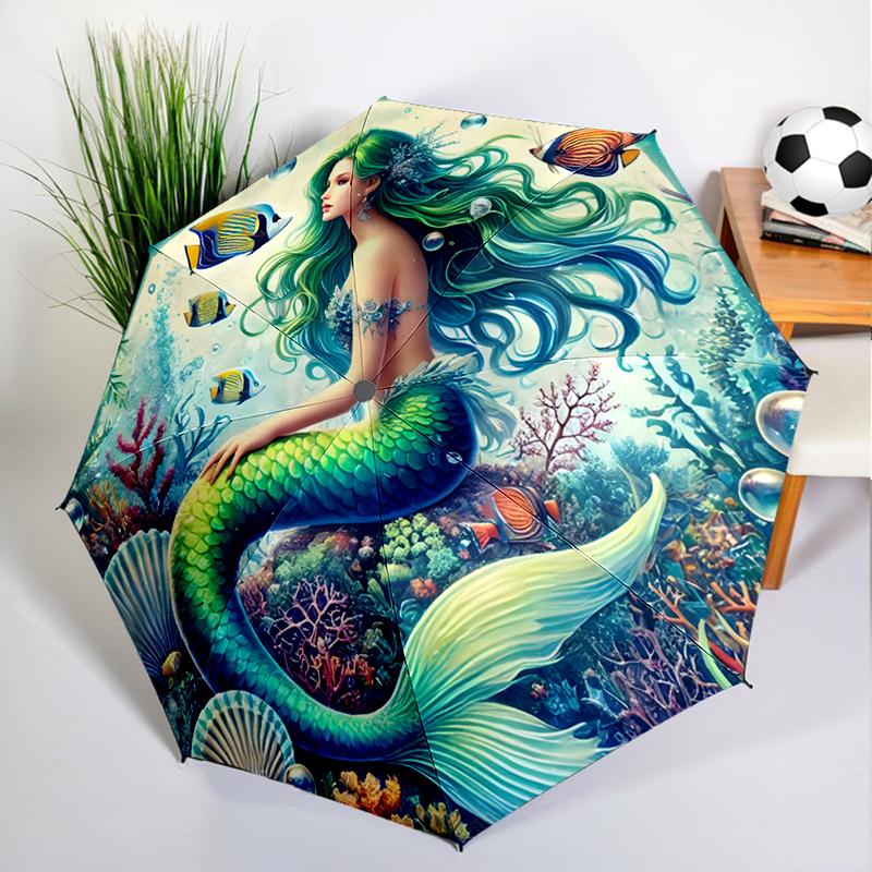 1PC Fantasy Mermaid Umbrella Automatic Open/close, Sturdy Iron Frame & 8-Rib Struct, Umbrella for Women & Men, Christmas Gifts