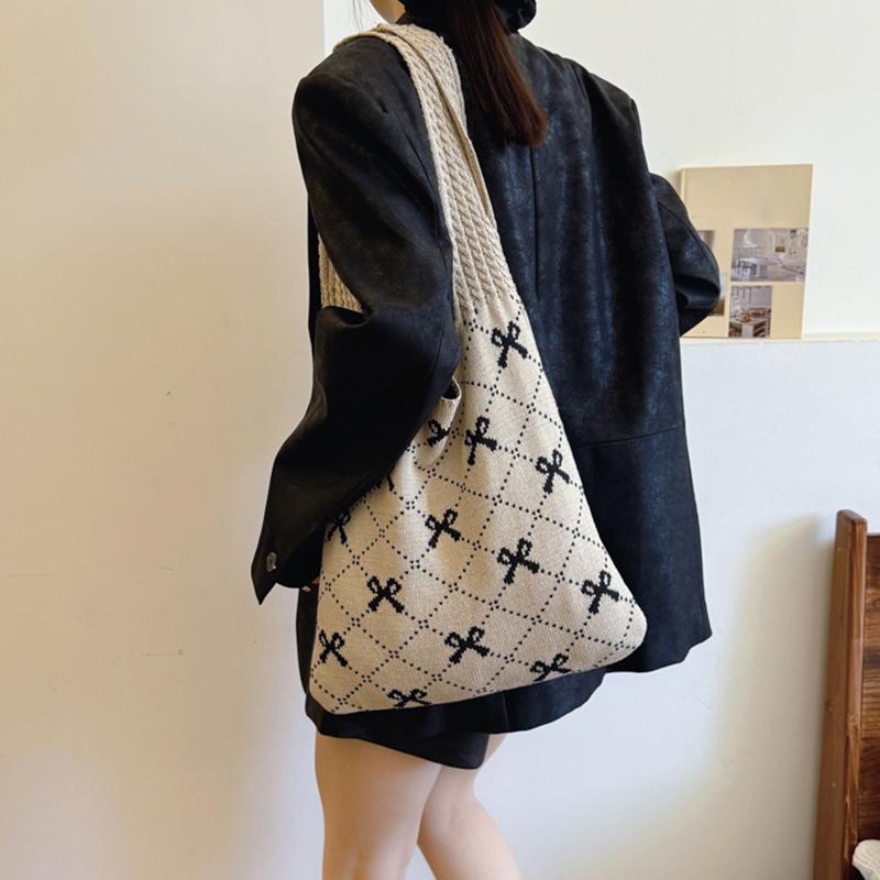 Bow Knitted Women's Eco Korean Foldable Tote Bag Y2K Crochet Rope Sweet Knitting Shoulder Bag