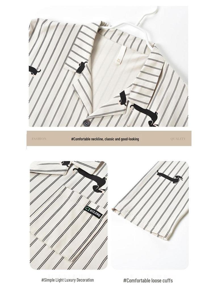 Women's Ribbed Cotton Couple Pajamas Set - Long Sleeve & Pants, Autumn Cartoon Striped Homewear, Wearable Outdoors