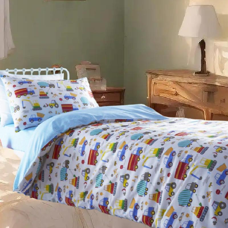 Car Trucks Diggers Cartoon Pattern 3d Digital Printed Bed Set With Polyester Cotton For Kids Bedroom Decor
