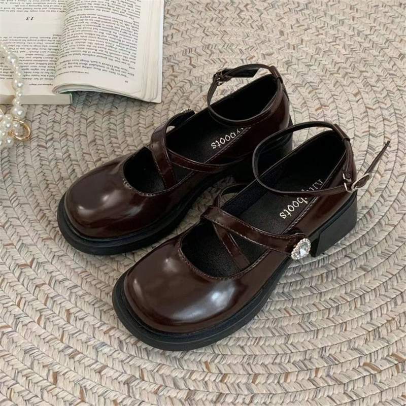 

Versatile spring summer new buckle thick single shoe round toe shallow mouth simple comfortable casual shoes 40 бордовий