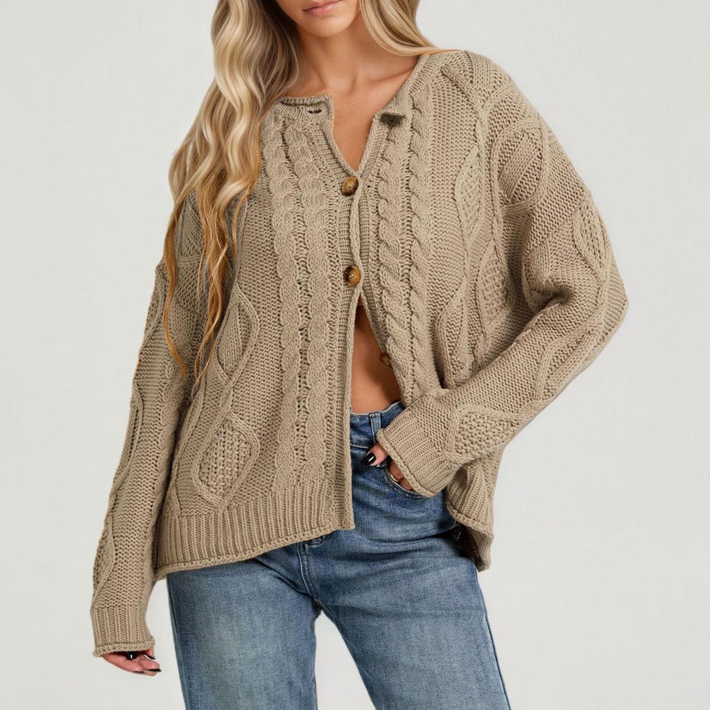 Damen Langarm Zopfmuster Strickjacke Farbe Lässiger Pullover Top
