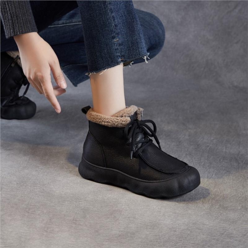 Johnature Retro Boty z pravé kůže Plyšové teplé Dámské kotníkové boty s měkkou podrážkou Kulatá špička Všestranné bavlněné boty