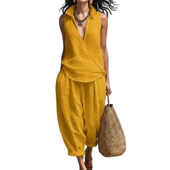 

Women s Two Piece Suits Casual Solid Color Cloth Set Loose Fit Polyester Fiber Lightweight Comfortable Outfit for Spring Summer Autumn Daily Wear XXL жёлтый