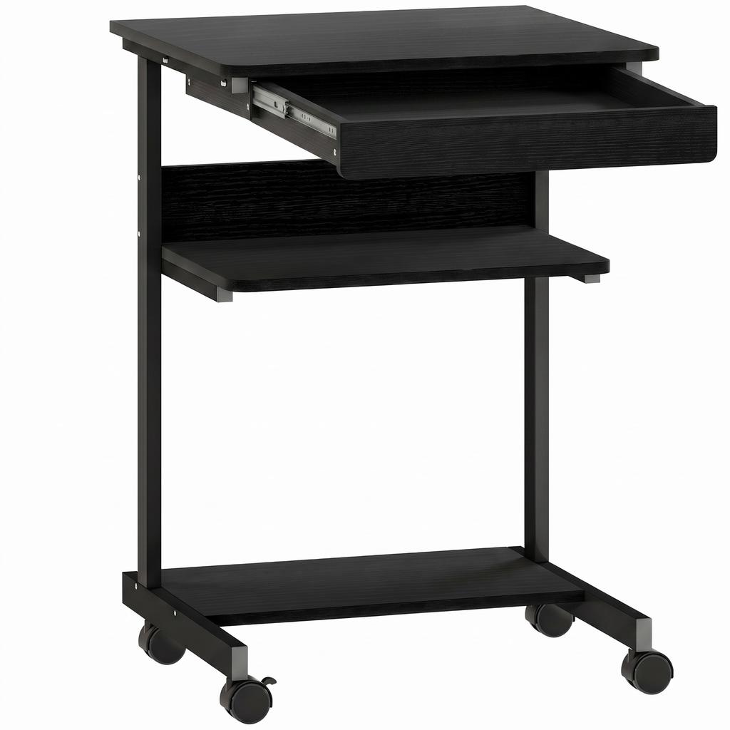 Rolling Desk with Drawer and Shelves, 4 Wheels, Compact, Particleboard, Metal