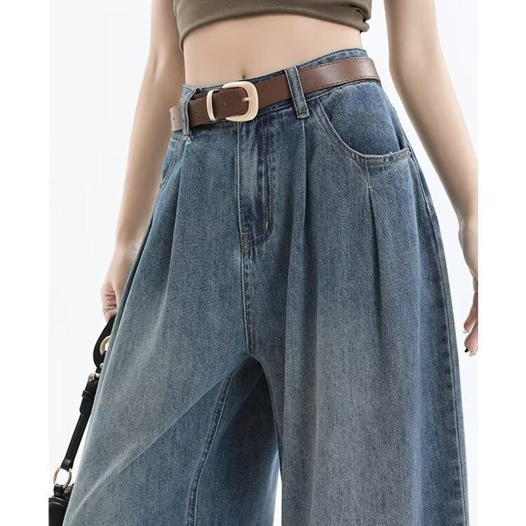 Korean Style High Waist Wide Leg Jeans - Women's Retro Pleated Loose Straight-Leg Pants for Spring & Autumn