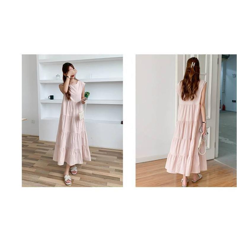 Patchwork Solid Color Long Skirt Sleeveless Commuter Crew Neck Dress