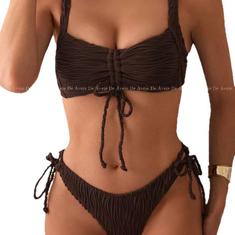 New sexy solid color bikini swimsuit fashion striped pleated triangle swimsuit split swimsuit women