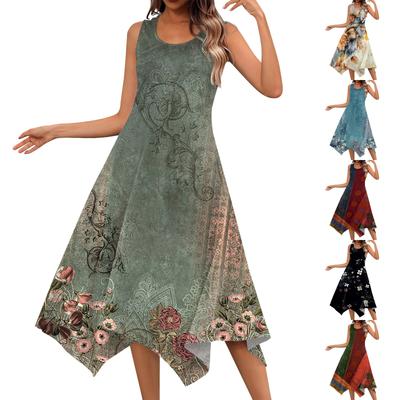 Lässiges, modisches Damen-Midikleid mit Rundhalsausschnitt, ärmellosem Aufdruck und unregelmäßigem Saum