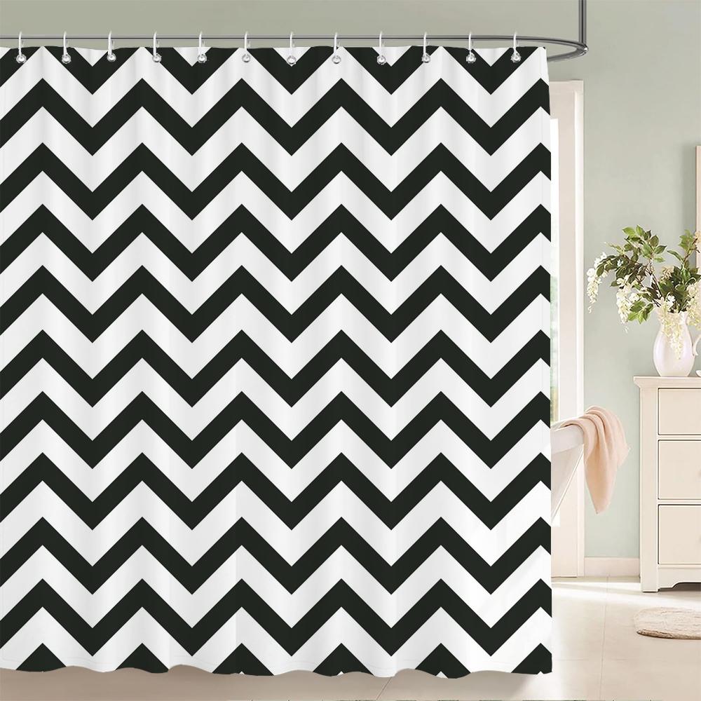 

Black and White Striped Shower Curtain With Hooks Waterproof Polyester Fabric Geometric Pattern Home Decor Bathroom Curtain W90xH180cm