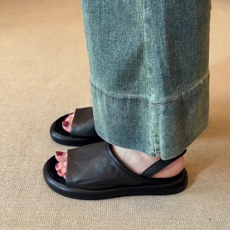 Cowhide version retro open-toed one-word sandals women's summer wear versatile vacation beach shoes flat-bottomed cool slippers