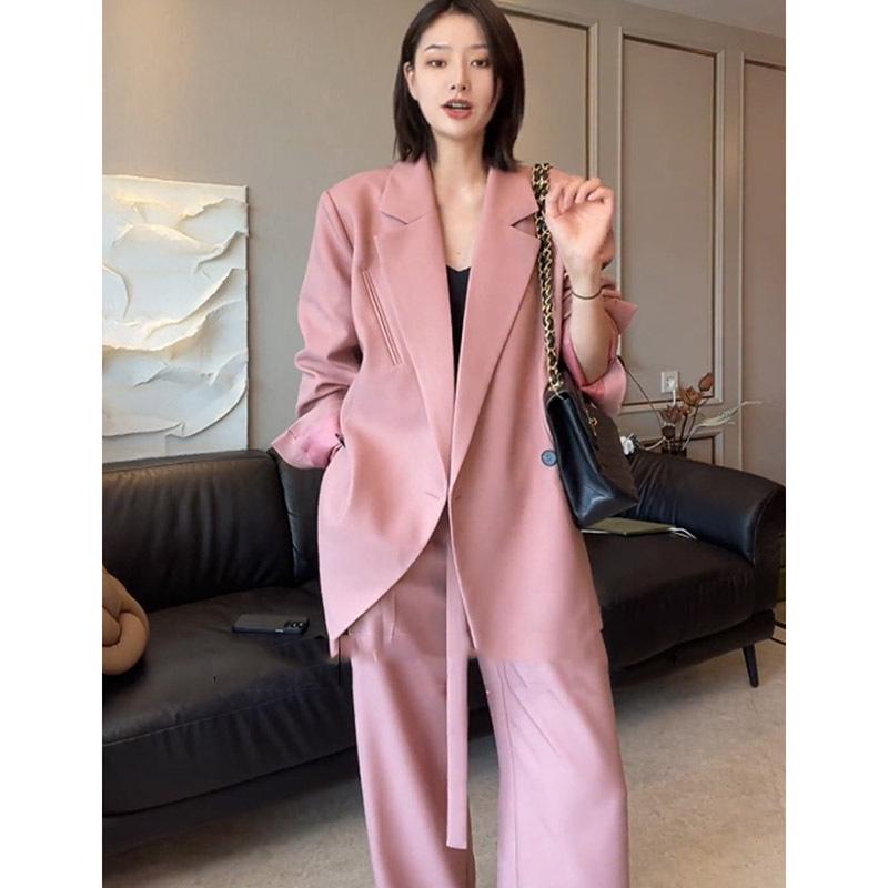 

Plus Size Women s Spring Korean-Style Suit: Mid-Length Blazer & Wide-Leg Pants Two-Piece Set. 3XL рожевий